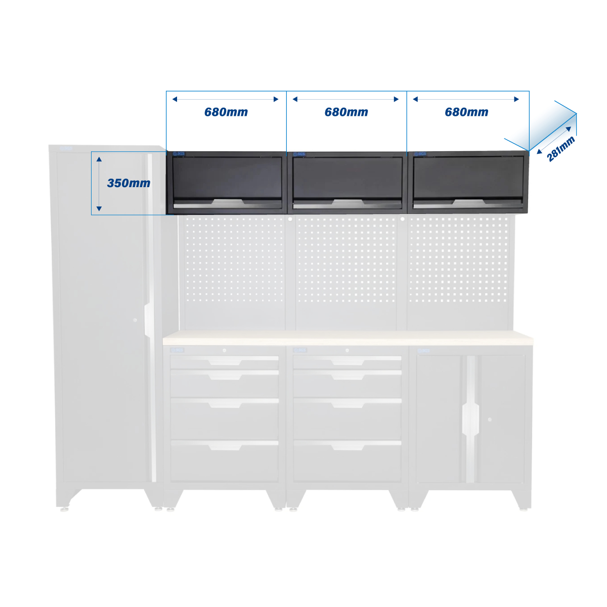 SGS 10pc Modular Garage Storage | 8 Drawers | Plywood Worktop | Tall Single Cabinet | Floor Cabinet | 3x Upper Cabinets